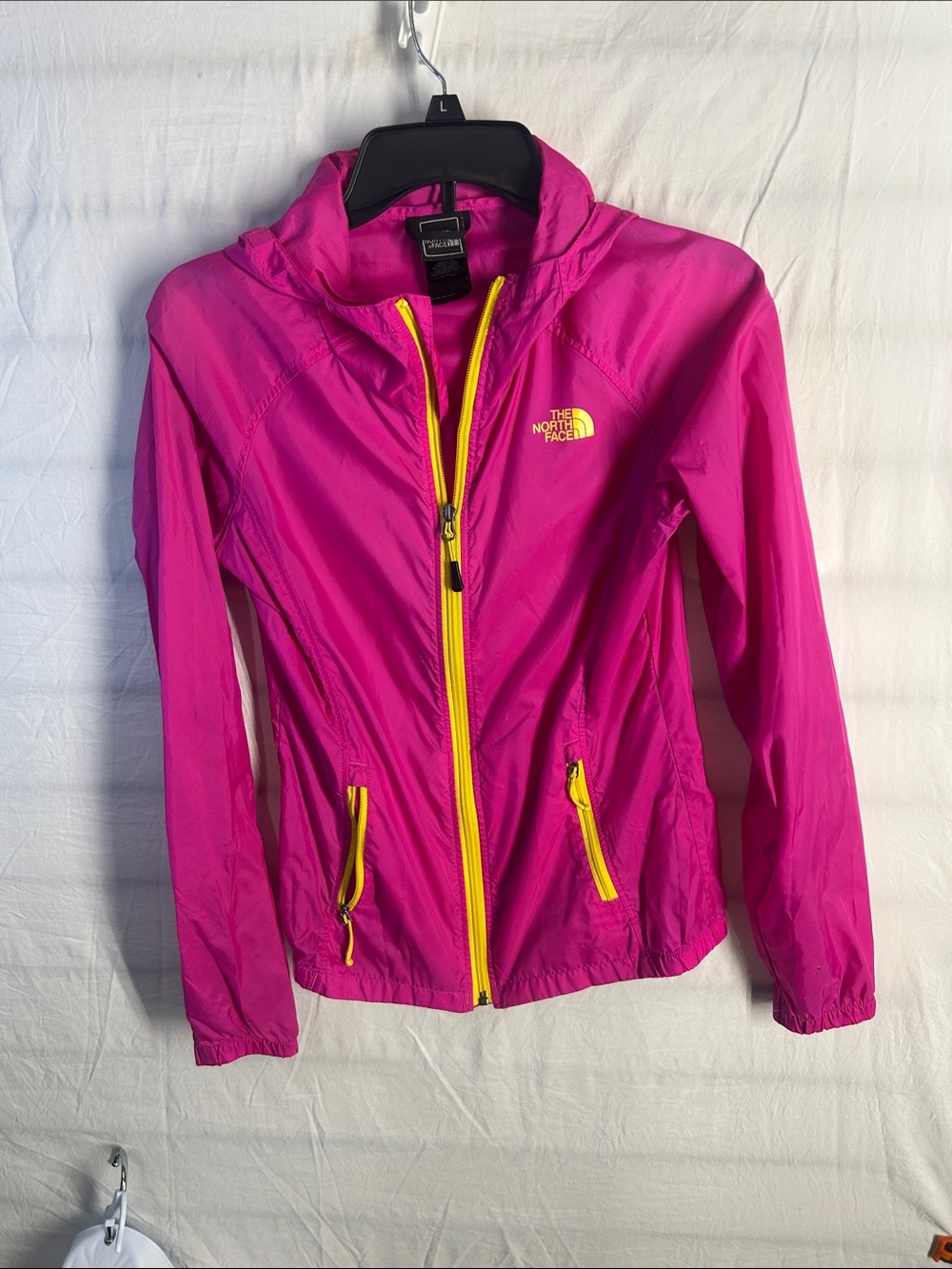 The North Face Hot Pink Packable Windbreaker with Yellow Trim